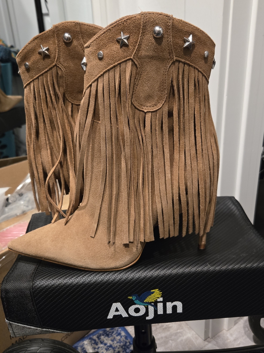 Steve Madden Fringe Suede Pointed-Toe Ankle Boots in Tan
